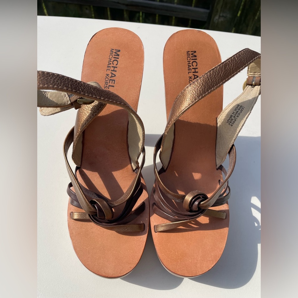 Michael Kors Bronze and Tan Women's Sandals with wood block heel